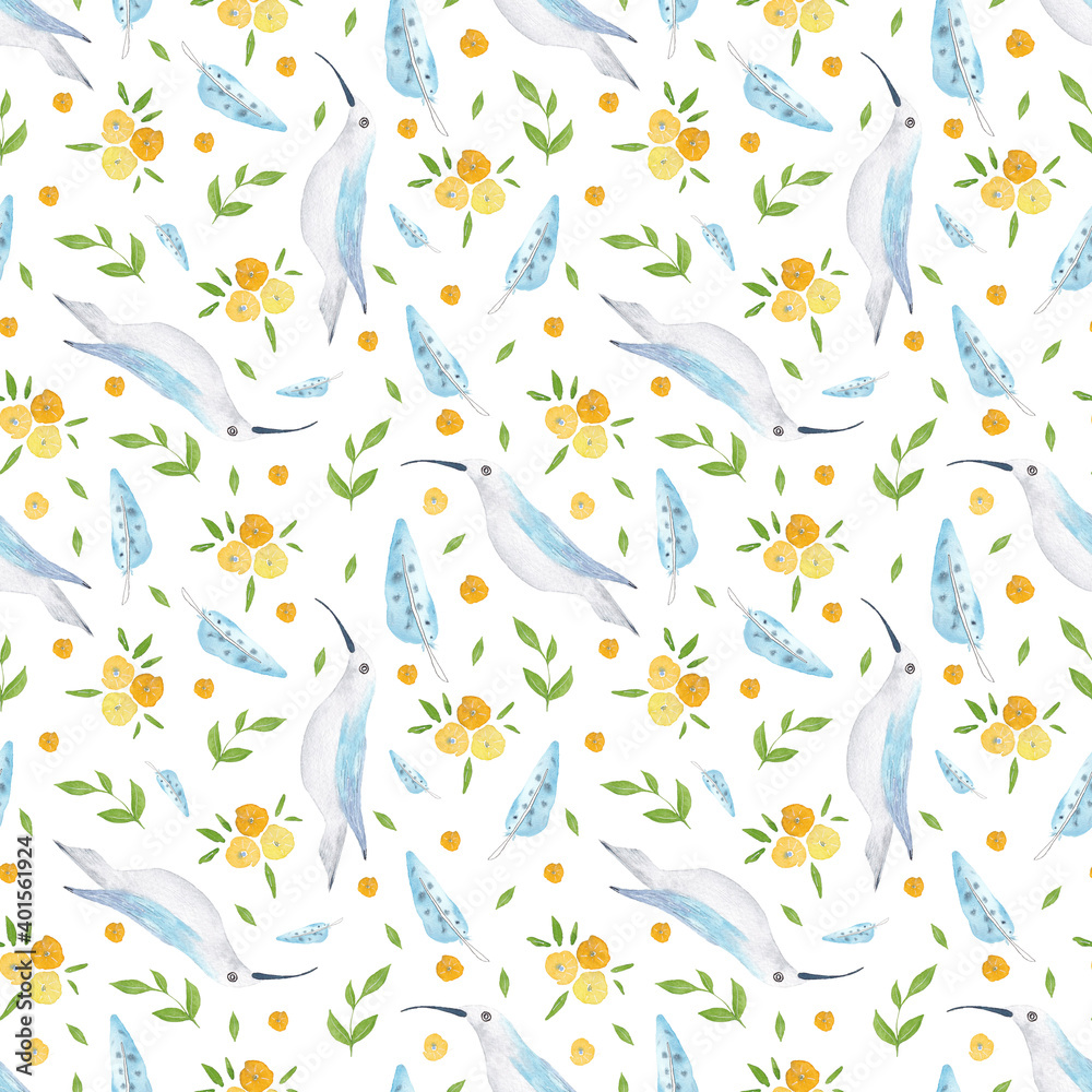 Watercolor birds and flowers seamless pattern. Watercolor fabric. Repeat flowers. Use for design invitations, birthdays