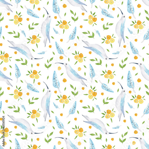 Watercolor birds and flowers seamless pattern. Watercolor fabric. Repeat flowers. Use for design invitations, birthdays