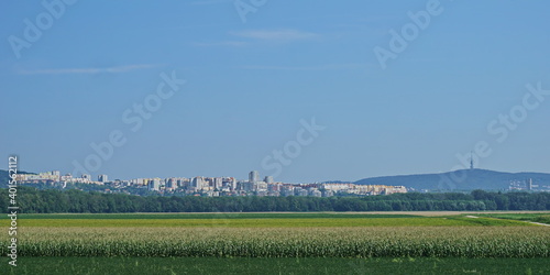 Modern city with tall skyscraper buildings cluster behind of green field  Bratislava  Slovakia