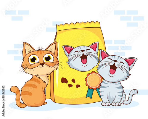 cute cats pets with food bag characters