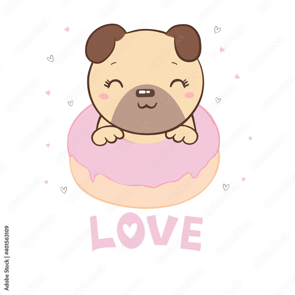Cute pug with a donut illustration on a white background. Vector, illustration. Cute pug with a donut illustration on a white background. Vector, illustration.