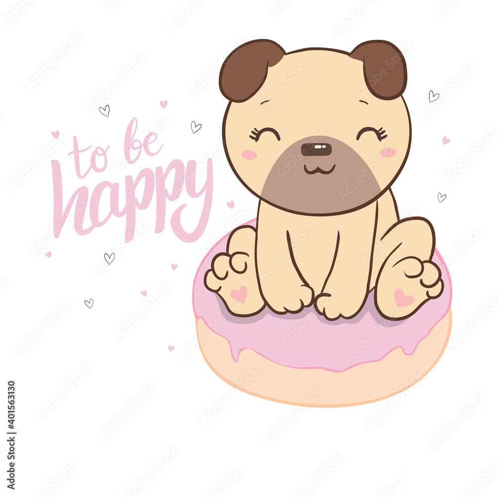 Cute pug with a donut illustration on a white background. Vector, illustration. Cute pug with a donut illustration on a white background. Vector, illustration.