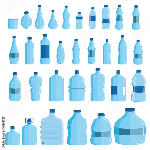 Plastic water bottle set isolated on white background. Healthy agua bottles vector illustration. Clean drink in plastic container