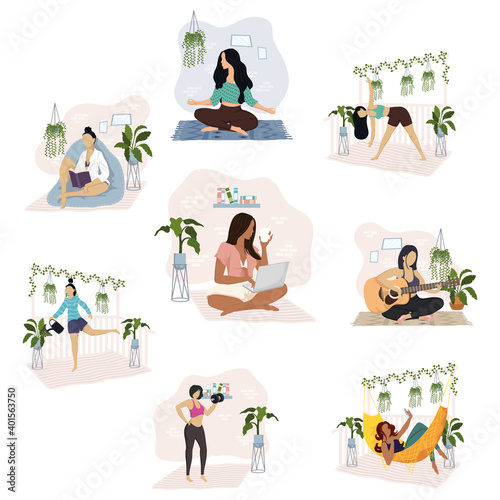 interracial group of young women practicing activities characters