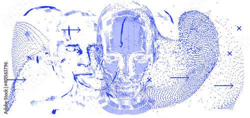 Low poly android head made of pixels and particles. Artificial Intelligence, Neural network and futuristic technology concept.  