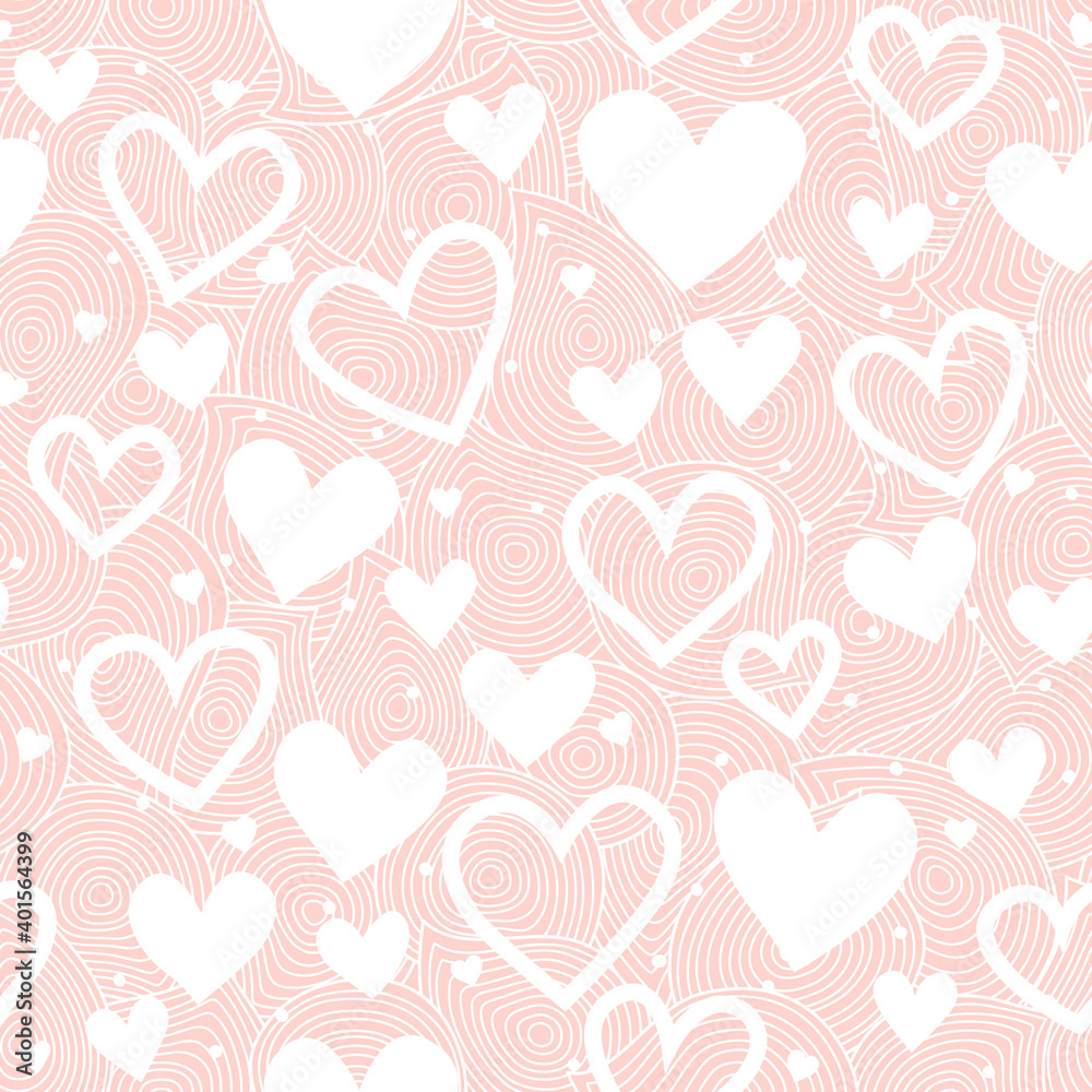 Ornate seamless vector pattern with hearts. Hand draw decor on pink background. Valentine's Day wallpaper.