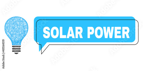 Chat Solar Power blue bubble frame and net bulb. Frame and colored area are shifted for Solar Power label, which is located inside blue colored speech balloon. Vector quote title inside forum frame.