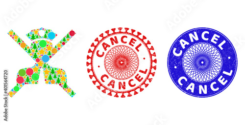 Cancel policeman mosaic of New Year symbols, such as stars, fir-trees, color circles, and CANCEL rubber stamp seals. Vector CANCEL stamp seals uses guilloche pattern,