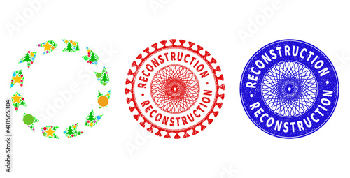 Circulation composition of Christmas symbols, such as stars, fir trees, bright balls, and RECONSTRUCTION rubber seals. Vector RECONSTRUCTION seals uses guilloche pattern,