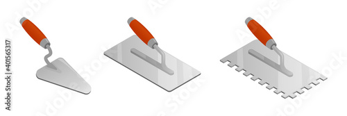 Set of isometric vector illustrations bricklayer and stucco trowels isolated on white background. Cement trowel, plastering trowel colorful vector icons in flat cartoon style. Construction tool. photo