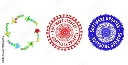 Circulation collage of Christmas symbols, such as stars, fir trees, colored round items, and SOFTWARE UPDATES grunge stamp seals. Vector SOFTWARE UPDATES stamp seals uses guilloche ornament,