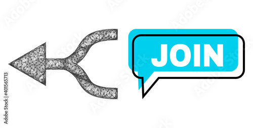 Chat Join blue bubble message and crossing mesh combine arrow left. Frame and colored area are shifted to Join label, which is located inside blue banner. Vector quote label inside message frame.