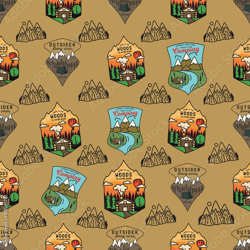 Camping adventure badges pattern. Outdoor hiking seamless background with tent, wallpaper mountains, cabin life scene. Stock vector texture