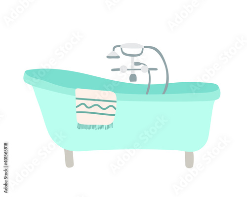 Vector bath illustration. Hand drawn light blue bath in retro style. Flat vector illustration on white background.