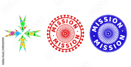 Compression arrows mosaic of New Year symbols, such as stars, fir trees, color circles, and MISSION grunge stamp imitations. Vector MISSION imprints uses guilloche ornament,