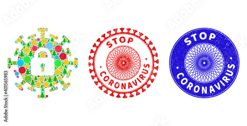 Contagious lockdown collage of New Year symbols, such as stars, fir trees, colored round items, and STOP CORONAVIRUS scratched stamp prints. Vector STOP CORONAVIRUS stamps uses guilloche ornament,