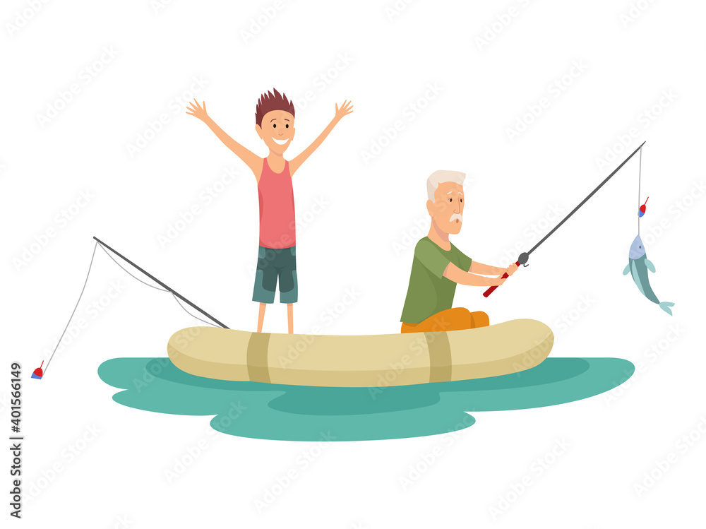 Fisherman flat icons. Fishing people with fish and equipment  set. Fishing equipment, leisure and hobby catch fish illustration.