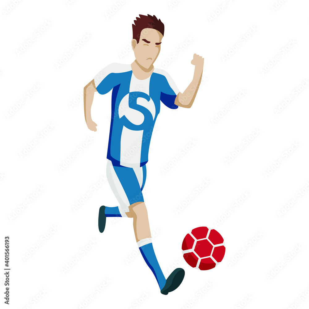 Football player character showing actions. Cheerful soccer player running, kicking the ball, jumping. Simple style  illustration.