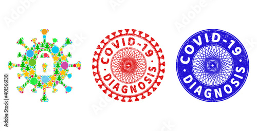 Covid lockdown collage of New Year symbols, such as stars, fir-trees, color circles, and COVID-19 DIAGNOSIS corroded stamp seals. Vector COVID-19 DIAGNOSIS stamp seals uses guilloche ornament,