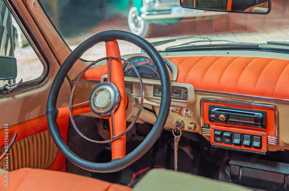 Dashboard and steering wheel of vintage soviet car