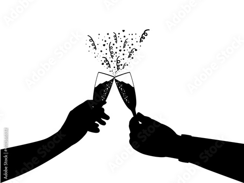 Silhouettes of two hands with glass of champagne. Symbol holiday.