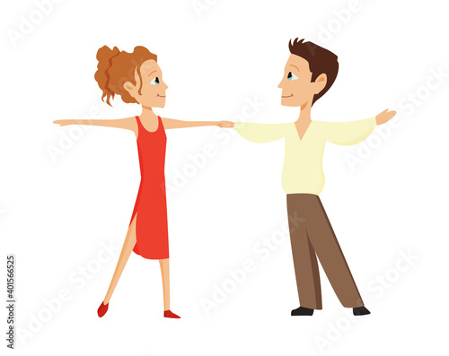 Boy and a girl are dancing on a white background. Kids ballroom dancing. Couple of small dancers.  illustration in cartoon style.