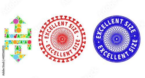 Divide vertical direction composition of New Year symbols, such as stars, fir trees, colored spheres, and EXCELLENT SIZE unclean stamp seals. Vector EXCELLENT SIZE imprints uses guilloche pattern,