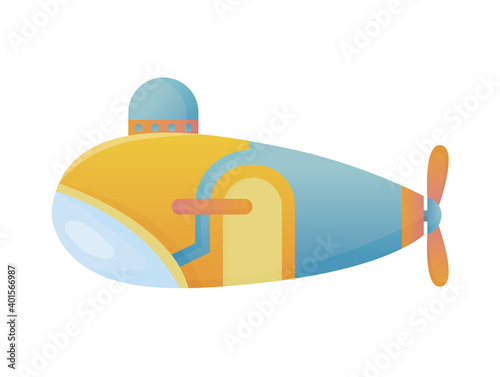 Yellow and blue submarine undersea cartoon style bathyscaphe underwater ship  diving exploring at the bottom of sea flat  design.