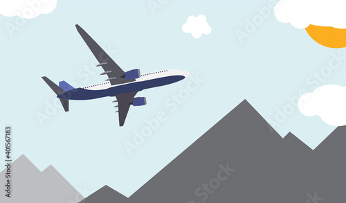 Flat airliner flying in the sky. Side view from the bottom. Vector Illustration