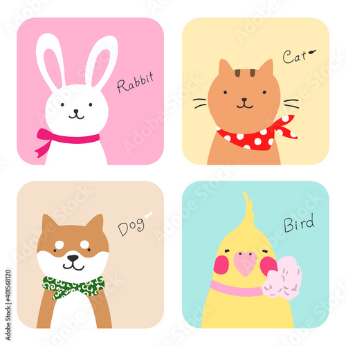 ウサギとネコとイヌとトリのイラスト
