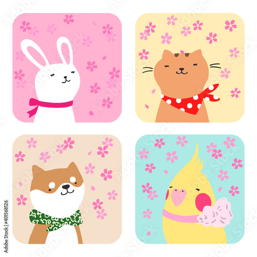 ウサギとネコとイヌとトリのイラスト