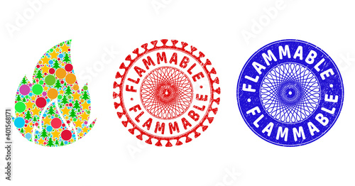 Fire collage of New Year symbols, such as stars, fir-trees, colored spheres, and FLAMMABLE grunge stamp seals. Vector FLAMMABLE stamp seals uses guilloche ornament, designed in red and blue variants.