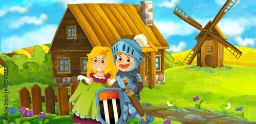 cartoon scene with prince and princess on the farm ranch traveling