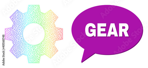 Gear and gear composition. Spectrum colorful mesh gear, and chat Gear bubble message. Speech colored Gear bubble has shadow. Vector carcass generated from gear icon with mesh.