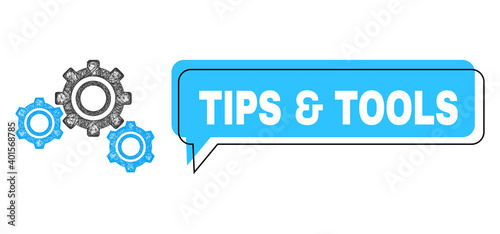 Chat Tips & Tools blue cloud frame and wire frame gears. Frame and colored area are shifted for Tips & Tools caption, which is located inside blue colored cloud. Vector quote title inside chat frame.