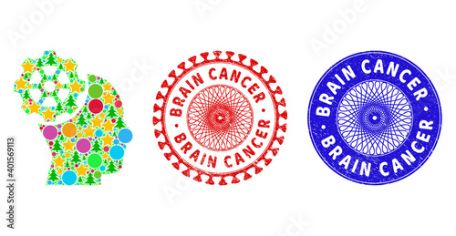 Head gear composition of New Year symbols, such as stars, fir trees, color balls, and BRAIN CANCER grunge seals. Vector BRAIN CANCER stamp seals uses guilloche ornament,