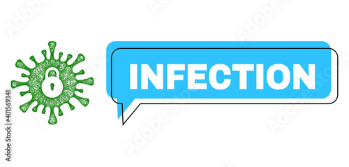 Chat Infection blue cloud message and network infection lockdown. Frame and colored area are shifted to Infection caption, which is located inside blue colored cloud.