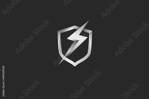 Power Shield Logo, 3D shield  and thunder bolt icon combination isolated on black background, 3d style Logo Design Template element, vector illustration