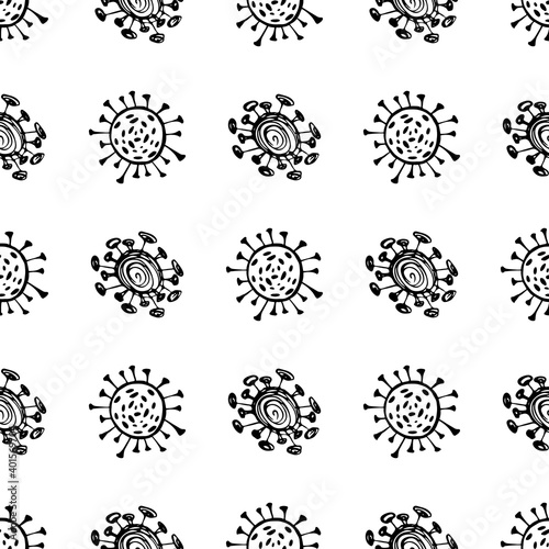 Seamless pattern of coronavirus microbes. Coronavirus 2019-nCoV. Doodle simple line elements from a medical concept. Editable vector stroke microbe. Virus, bacteria. Hand drawn illustration.