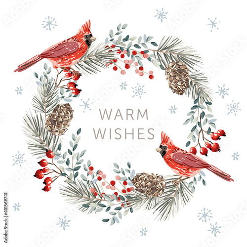 Christmas wreath with red cardinal birds, white background. Green pine, fir twigs, cedar cones, red berries, snowflakes. Vector illustration. Nature design. Greeting card, poster template. Winter Xmas