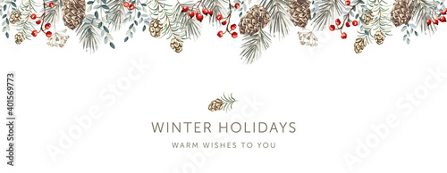 Christmas nature design border, text Winter Holidays, white background. Green pine, fir twigs, cedar cones, red berries. Vector illustration. Greeting banner template. Xmas forest