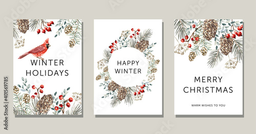 Christmas nature design greeting cards template, round frame, text, white background. Green pine, fir twigs, cedar cones, red berries, cardinal bird. Vector xmas illustration. Winter forest