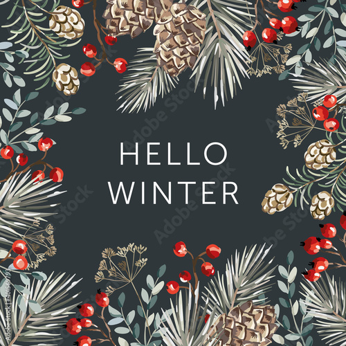 Christmas forest nature design, text  Hello Winter, black background. Green pine, fir twigs, cedar cones, red berries. Vector illustration. Greeting card, poster template. Xmas season holidays