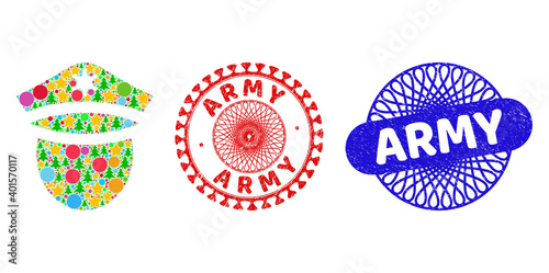 Police head composition of New Year symbols, such as stars, fir trees, multicolored circles, and ARMY scratched stamp imitations. Vector ARMY seals uses guilloche pattern,