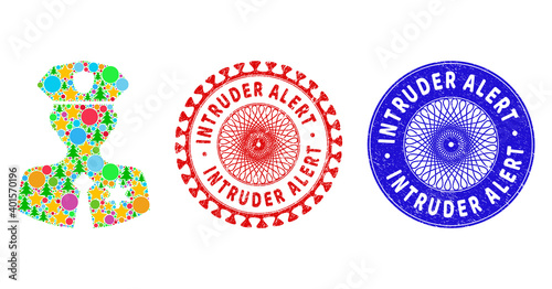 Police patrolman composition of New Year symbols, such as stars, fir trees, color spheres, and INTRUDER ALERT dirty stamp seals. Vector INTRUDER ALERT stamp seals uses guilloche pattern,
