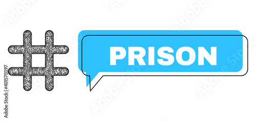 Speech Prison blue cloud message and net mesh prison. Frame and colored area are shifted for Prison phrase, which is located inside blue cloud. Vector quote text inside message frame.