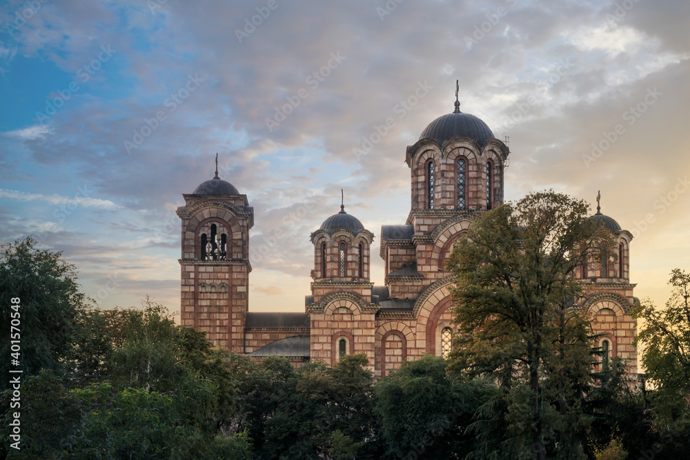 St. Mark church in Belgrade at a beautiful sunset and colorful sky. Serbian Orthodox church at sunset, Serbia.