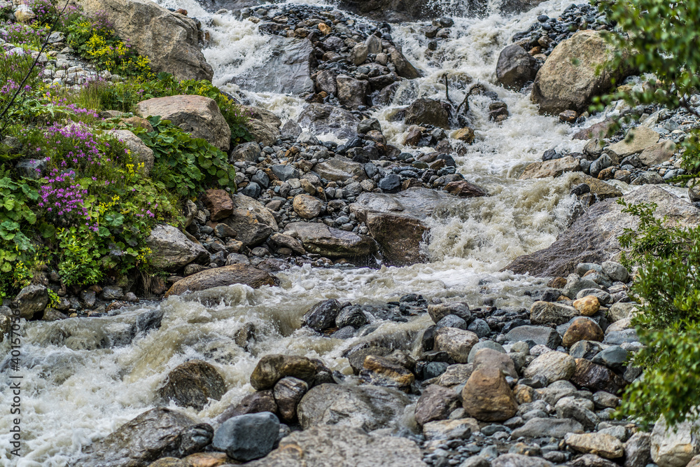 Fast river near green shore. Rapid clean stream flowing on stones near coast with green plants in countryside. Fast river near green shore. Rapid clean stream flowing on stones near coast with green plants in countryside.