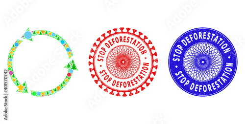 Recycle mosaic of New Year symbols, such as stars, fir trees, color circles, and STOP DEFORESTATION dirty stamp prints. Vector STOP DEFORESTATION seals uses guilloche pattern,
