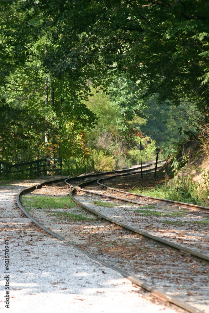 Fototapeta premium Old Style Train Tracks Merge As They Curve Around a Bend